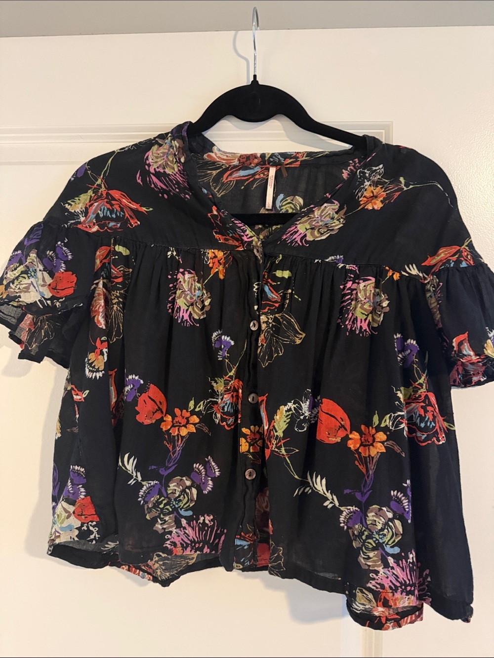 Free People Black Floral Button-Front Blouse